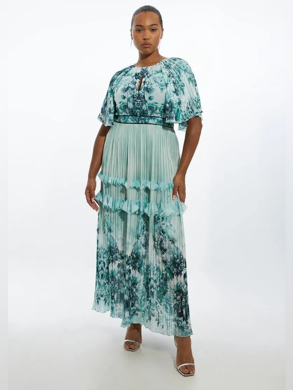 NWT Karen Millen Floral Pleat Detail Woven Maxi Dress Mint Green Size 16